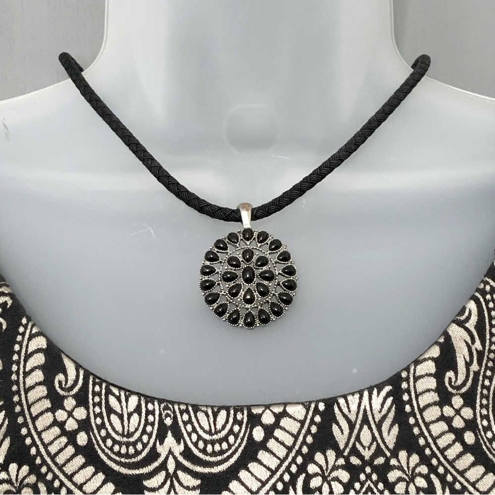 Chaps Braided Cord Necklace with a Circle of Black Stones Pendant